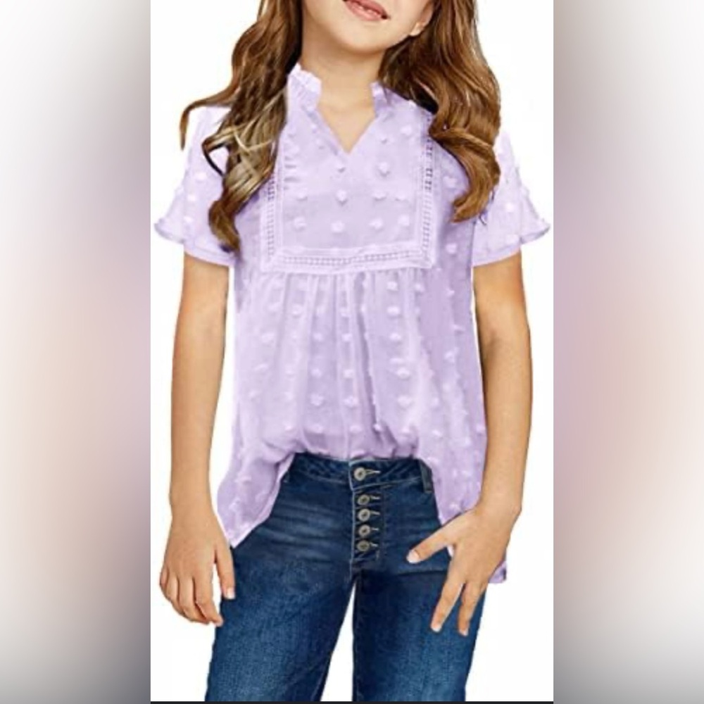 Girl’s Violet Short Sleeve Blouse. Lined. Swiss Dots. New Without Tags.